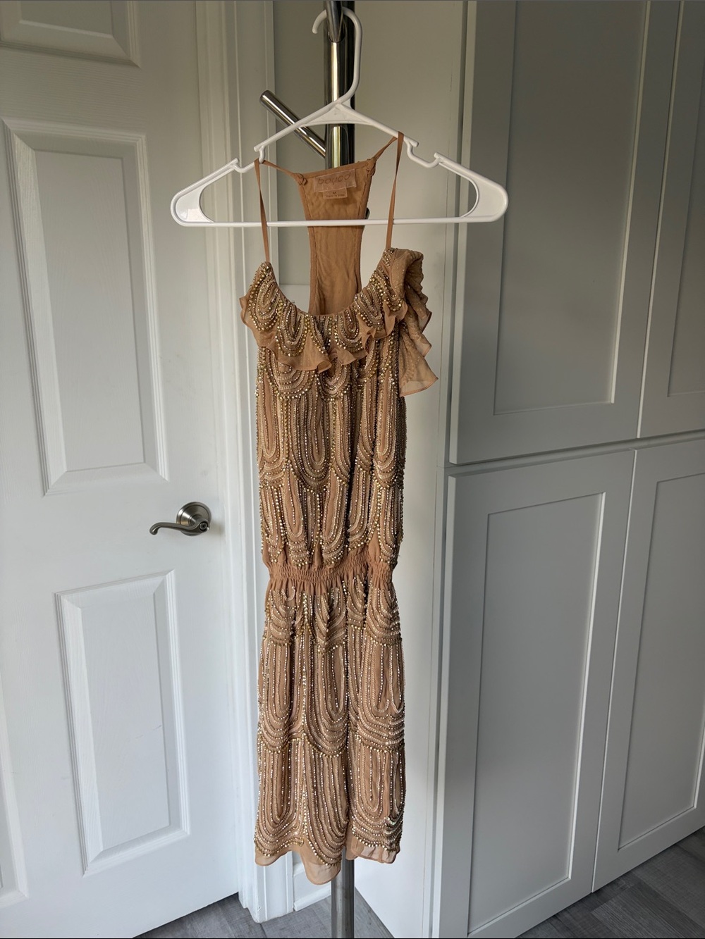 Boyod Vintage Beaded Dress - Tan Color, Size M.